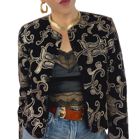 80's black velvet and gold blazer by NORTON McNAUGHTON Petites - Picture 12 of 12